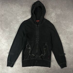 [192] Vintage Rare! Tripp NYC Black Moto Biker Punk Hoodie Jacket Handcuffs Sz M